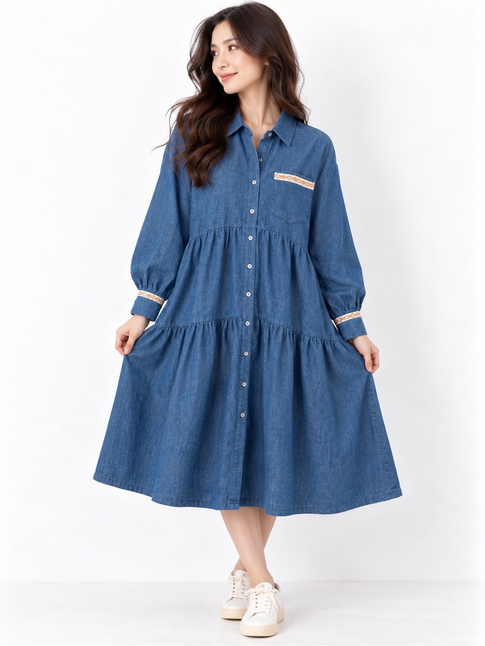 Easel Blue Chambray Tiered Shirt Dress Button Front Long Sleeve